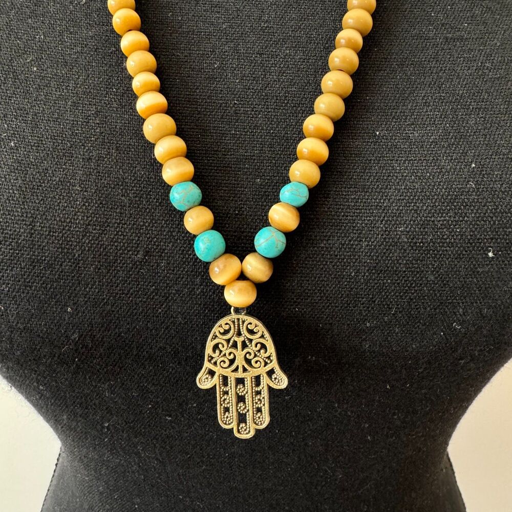 Gold Tone Hamsa Necklace with Turquoise and Brown Beads - Picture 1 of 3